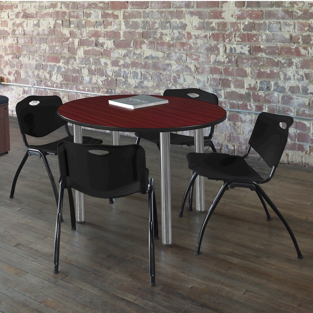 42 in Round Breakroom Table- Mahogany Top, Chrome Legs, 4 M Stack Chairs- Black