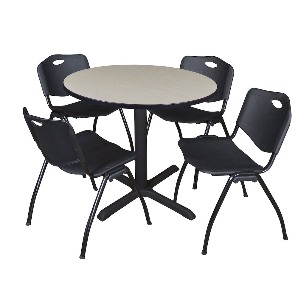 42 in. Round X-Base Breakroom Table- Maple & 4 M Stack Chairs- Black