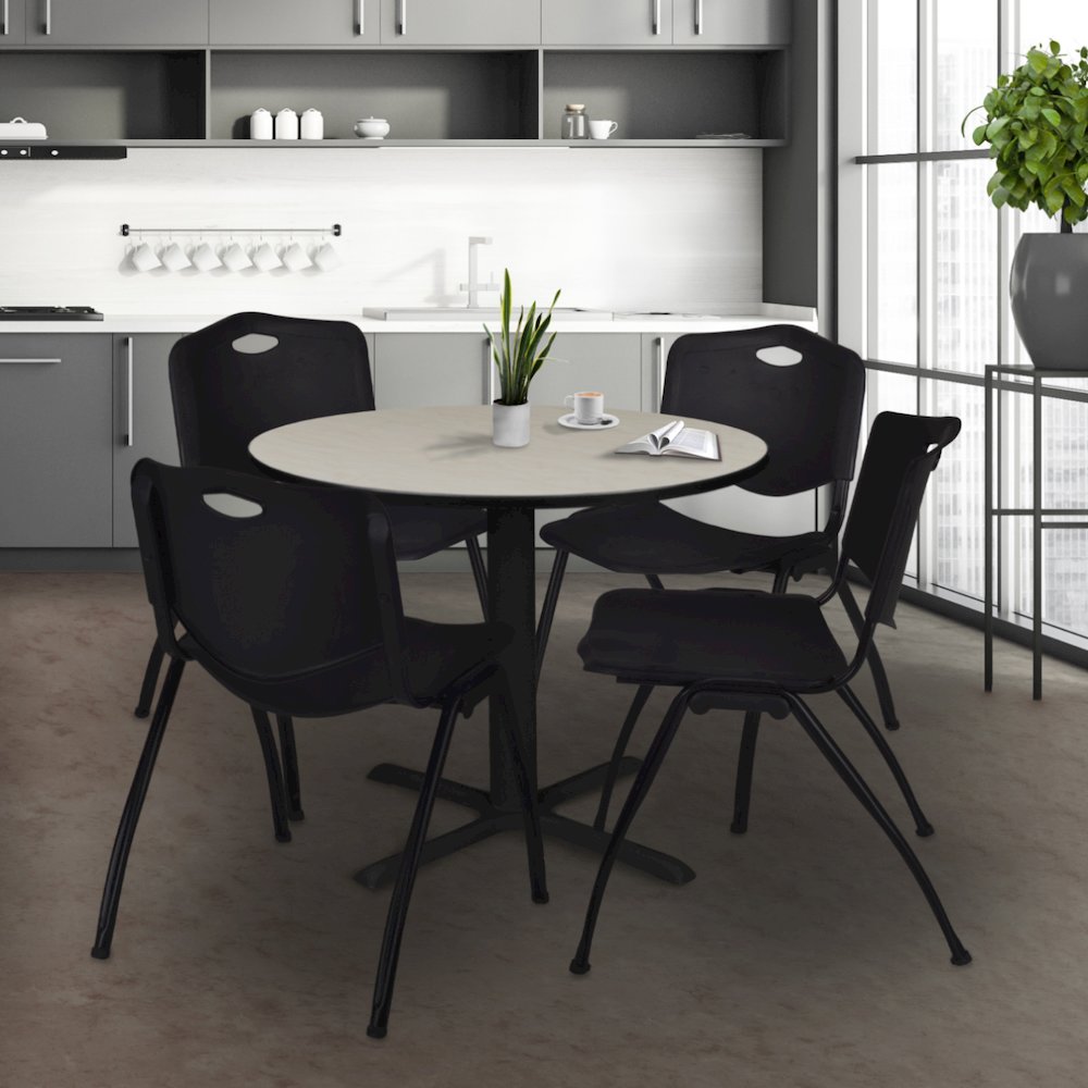 42 in. Round X-Base Breakroom Table- Maple & 4 M Stack Chairs- Black