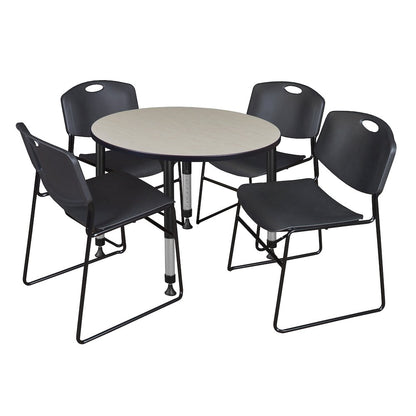 42 in. Round Adjustable Classroom Table- Maple & 4 Zeng Stack Chairs- Black