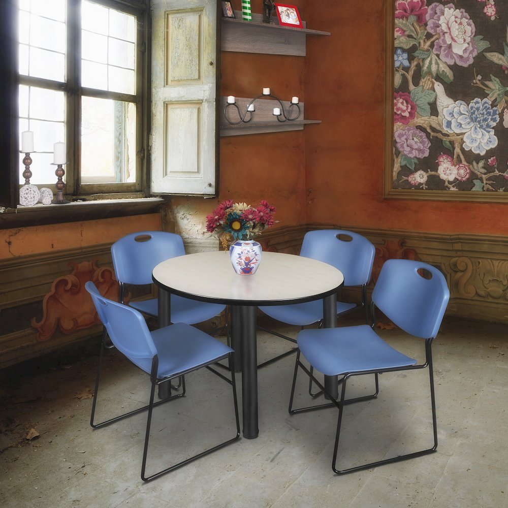 42 in Round Breakroom Table- Maple Top, Black Legs, 4 Zeng Stack Chairs- Blue