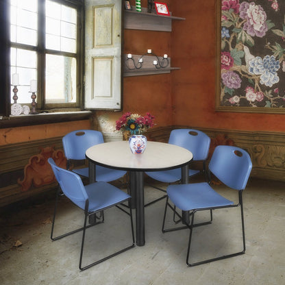 42 in Round Breakroom Table- Maple Top, Black Legs, 4 Zeng Stack Chairs- Blue