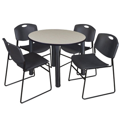 42 in Round Breakroom Table- Maple Top, Black Legs, 4 Zeng Stack Chairs- Black