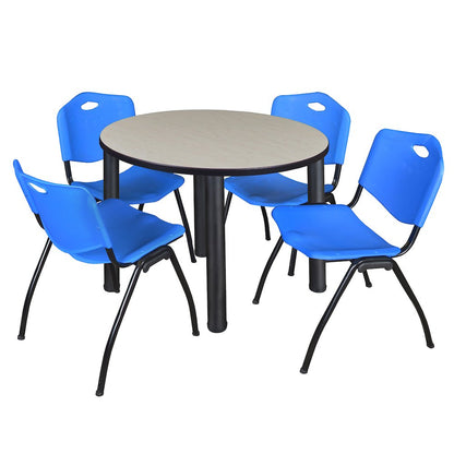 42 in Round Breakroom Table- Maple Top, Black Legs, 4 M Stack Chairs- Blue