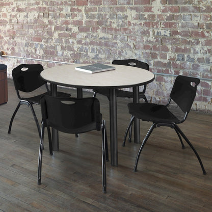 42 in Round Breakroom Table- Maple Top, Black Legs, 4 M Stack Chairs- Black