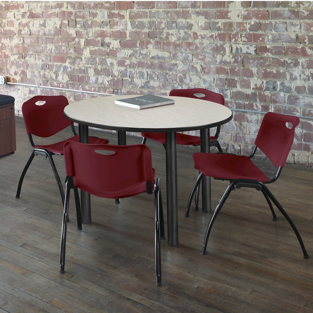 42 in Round Breakroom Table- Maple Top, Black Legs, 4 M Stack Chairs- Burgundy