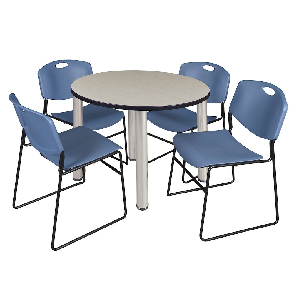 42 in Round Breakroom Table- Maple Top, Chrome Legs, 4 Zeng Stack Chairs- Blue
