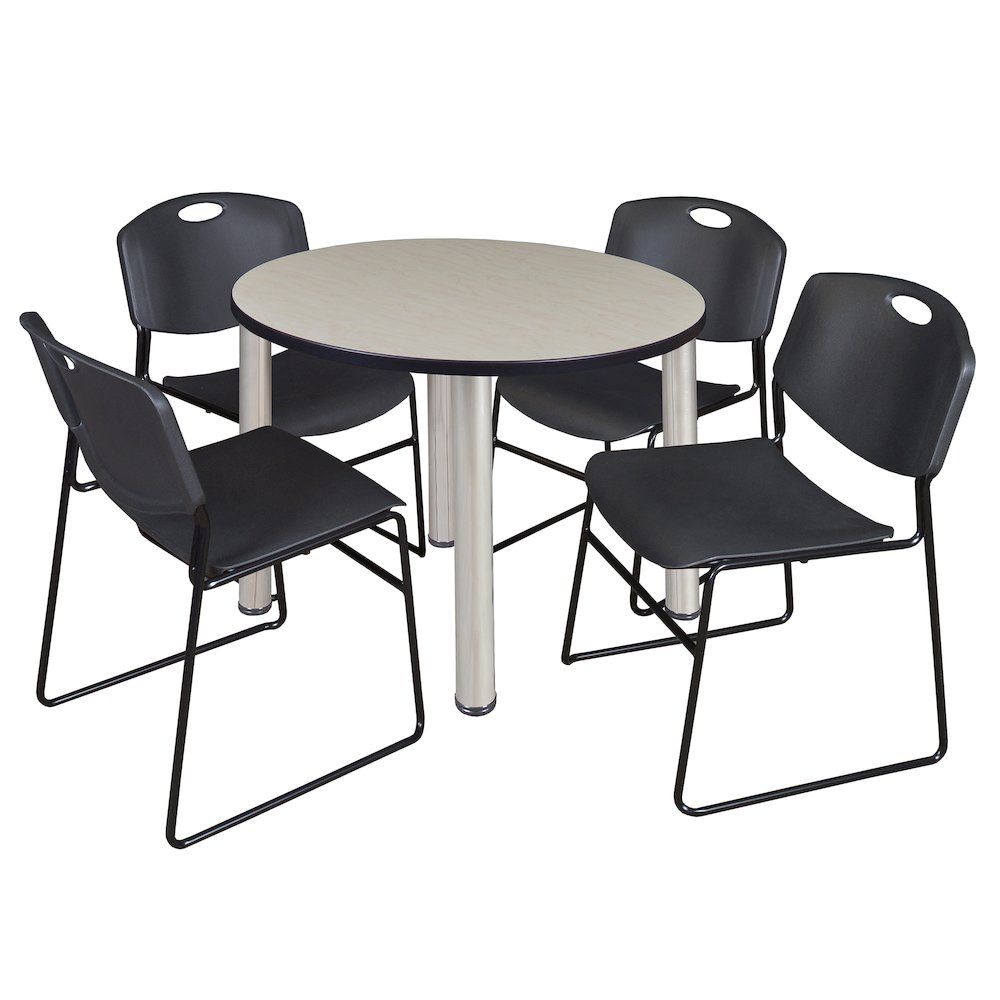 42 in Round Breakroom Table- Maple Top, Chrome Legs, 4 Zeng Stack Chairs- Black