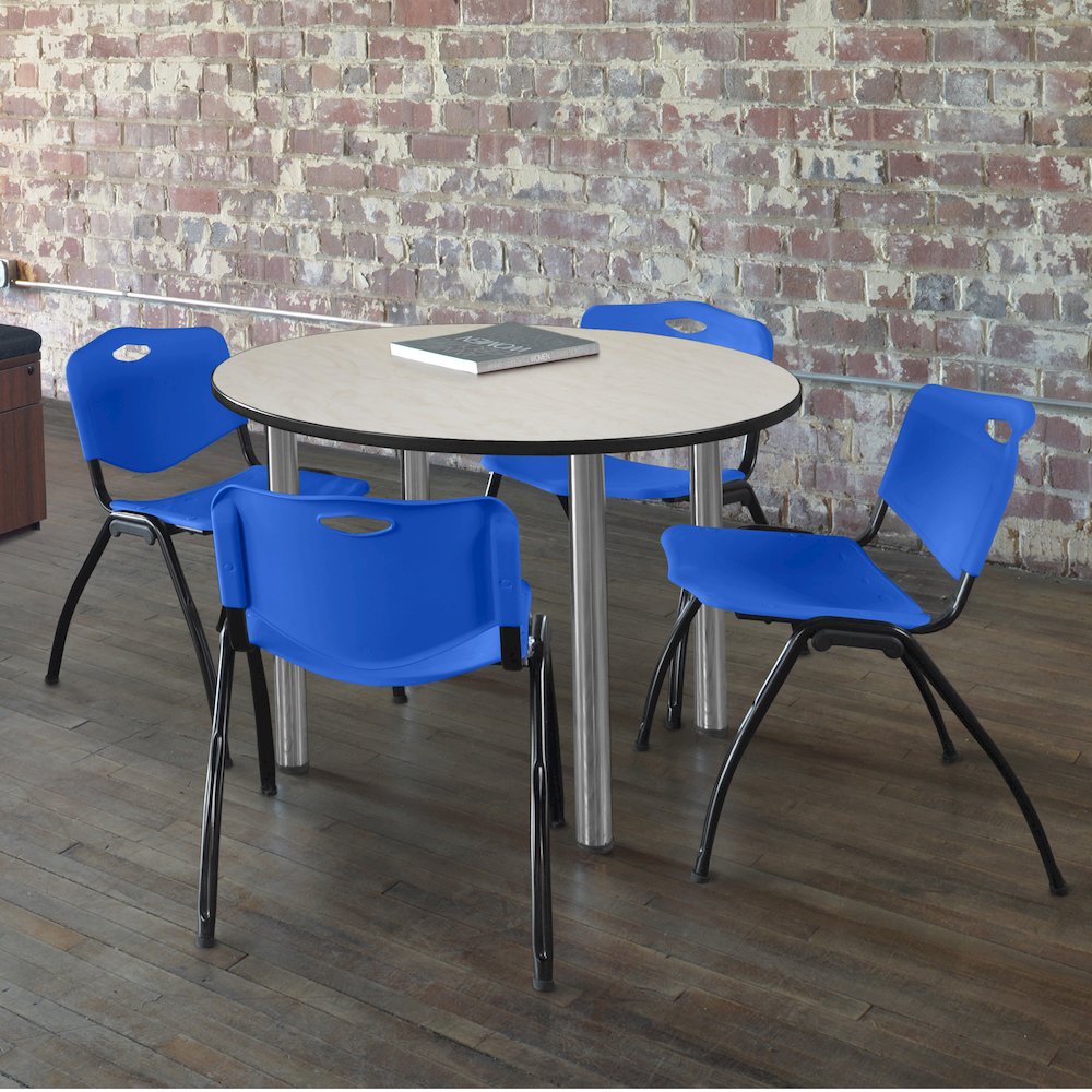 42 in Round Breakroom Table- Maple Top, Chrome Legs, 4 M Stack Chairs- Blue