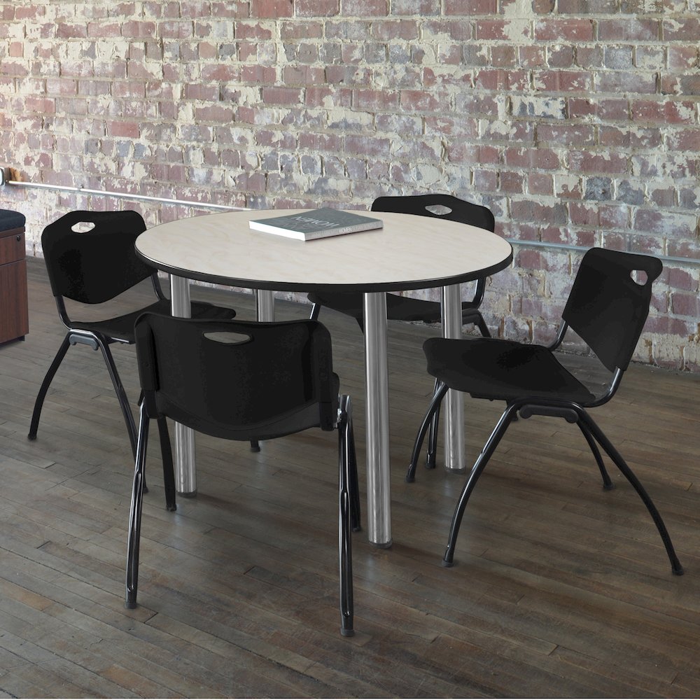 42 in Round Breakroom Table- Maple Top, Chrome Legs, 4 M Stack Chairs- Black