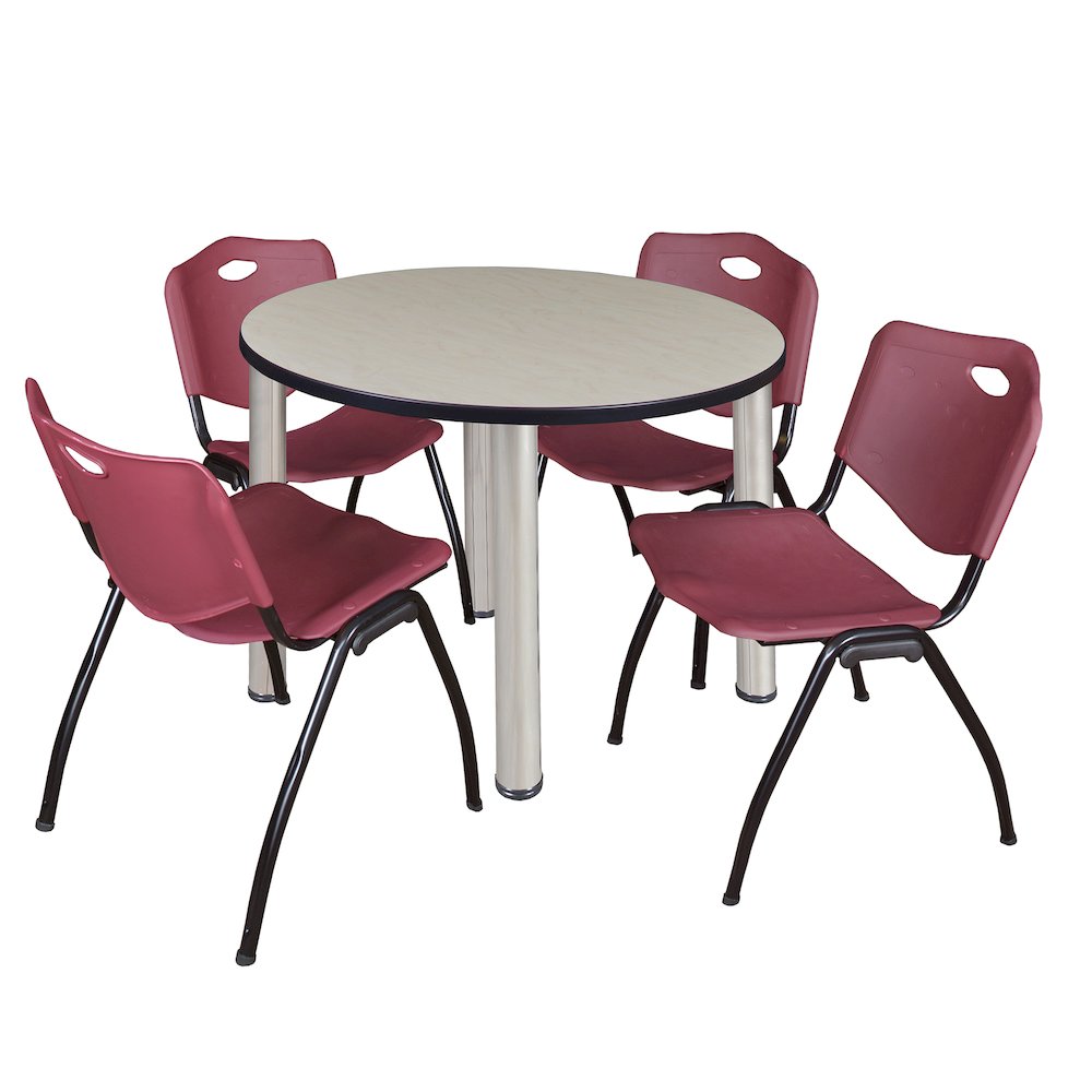 42 in Round Breakroom Table- Maple Top, Chrome Legs, 4 M Stack Chairs- Burgundy