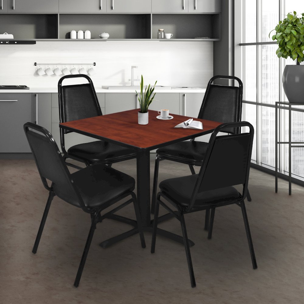 48 in. Square X-Base Breakroom Table- Cherry & 4 Restaurant Stack Chairs- Black