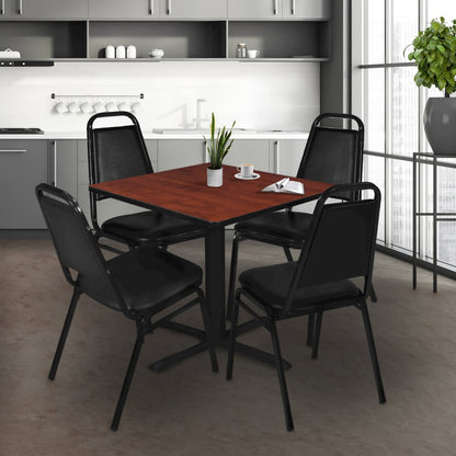 48 in. Square X-Base Breakroom Table- Cherry & 4 Restaurant Stack Chairs- Black