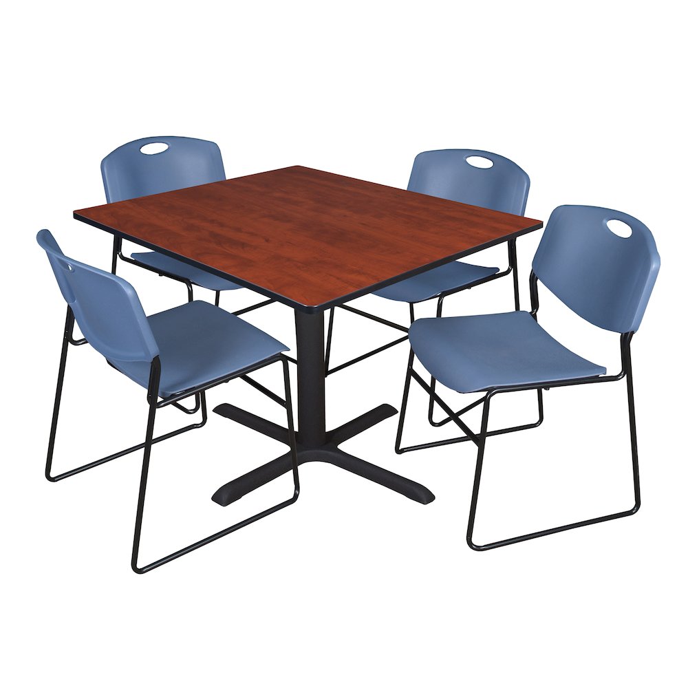 48 in. Square X-Base Breakroom Table- Cherry & 4 Zeng Stack Chairs- Blue