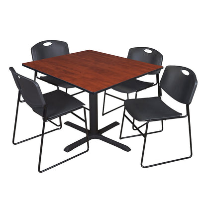 48 in. Square X-Base Breakroom Table- Cherry & 4 Zeng Stack Chairs- Black
