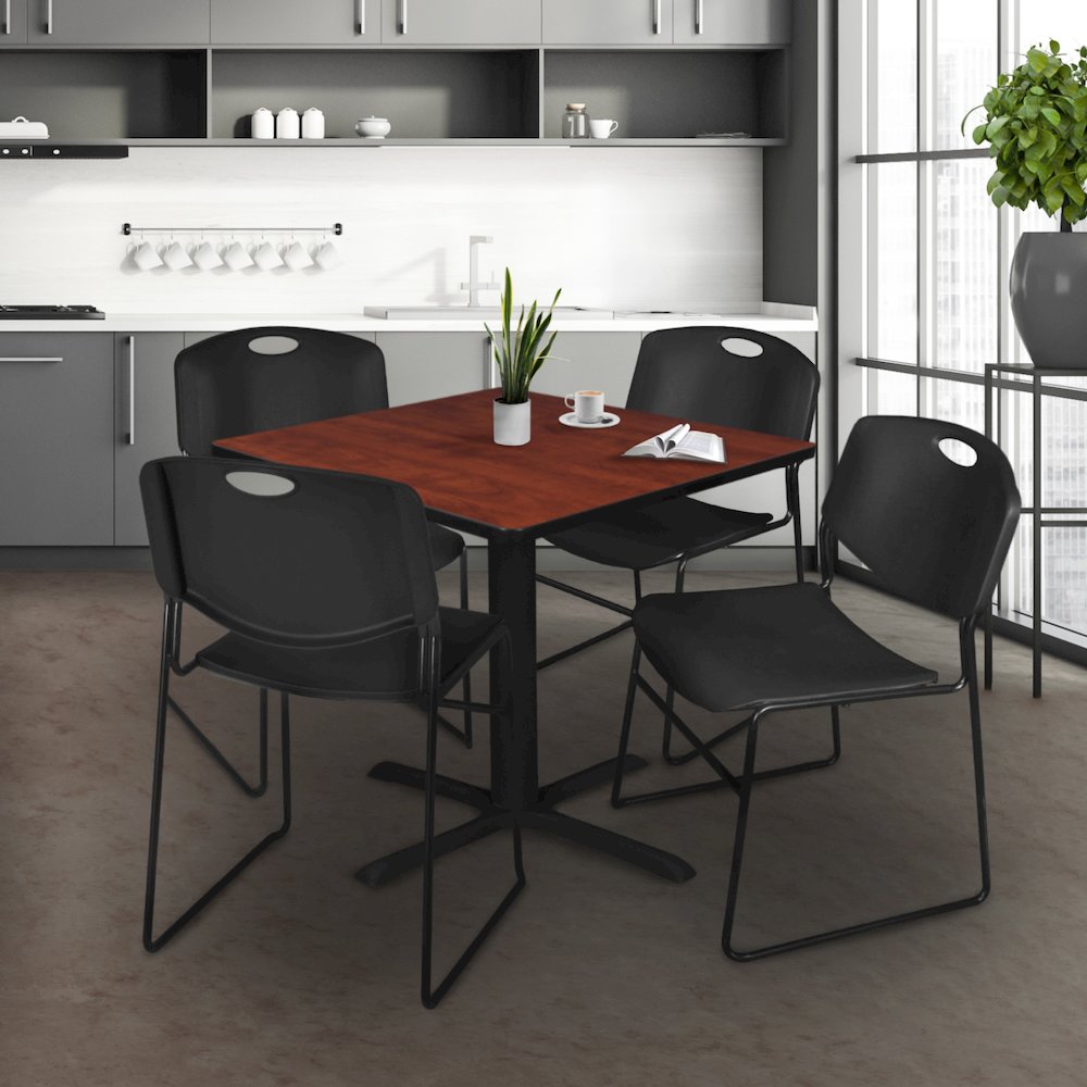 48 in. Square X-Base Breakroom Table- Cherry & 4 Zeng Stack Chairs- Black