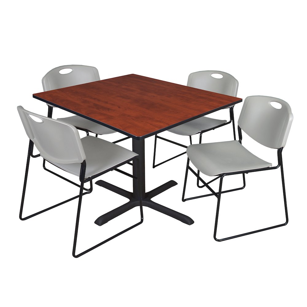 48 in. Square X-Base Breakroom Table- Cherry & 4 Zeng Stack Chairs- Grey