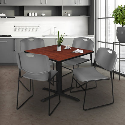 48 in. Square X-Base Breakroom Table- Cherry & 4 Zeng Stack Chairs- Grey
