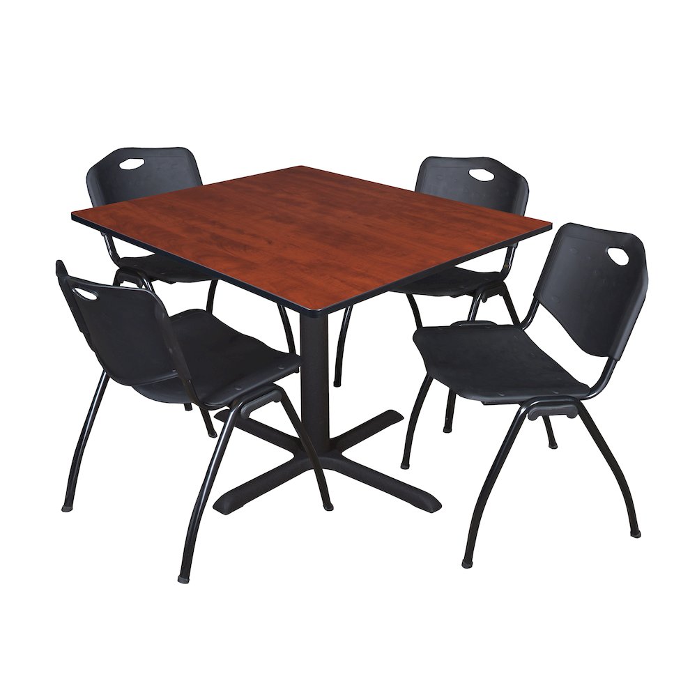 48 in. Square X-Base Breakroom Table- Cherry & 4 M Stack Chairs- Black