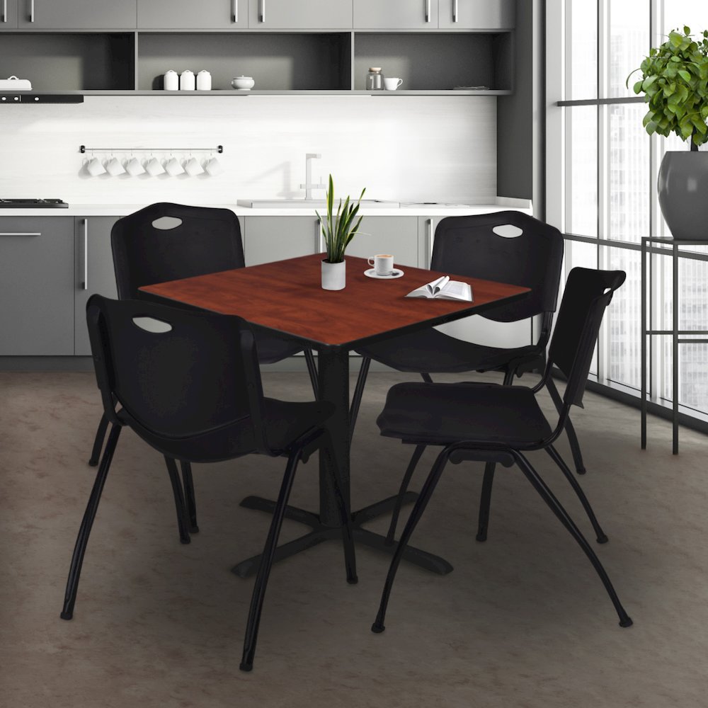 48 in. Square X-Base Breakroom Table- Cherry & 4 M Stack Chairs- Black