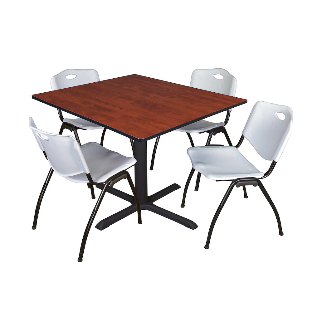 48 in. Square X-Base Breakroom Table- Cherry & 4 M Stack Chairs- Grey