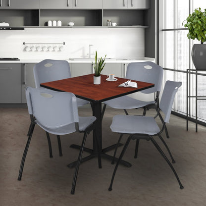 48 in. Square X-Base Breakroom Table- Cherry & 4 M Stack Chairs- Grey