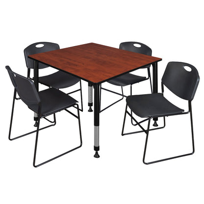 48 in. Square Adjustable Classroom Table- Cherry & 4 Zeng Stack Chairs- Black
