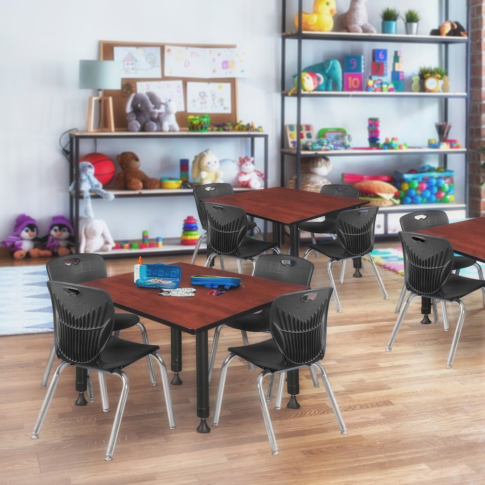 48 Square Adjustable Classroom Table- Cherry & 4 Andy 12 Stack Chairs- Black