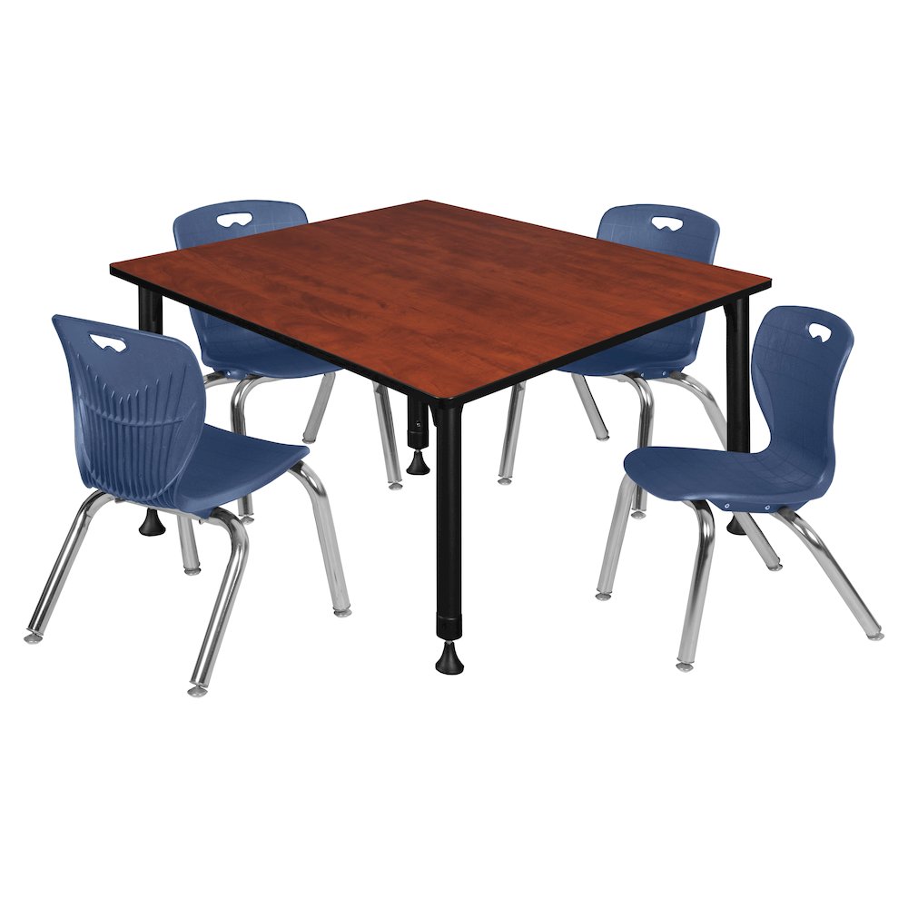48 Square Adjustable Classroom Table- Cherry & 4 Andy 12 Stack Chairs- Blue