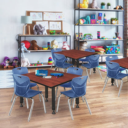 48 Square Adjustable Classroom Table- Cherry & 4 Andy 12 Stack Chairs- Blue