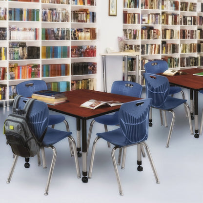 48 Square Mobile Classroom Table- Cherry & 4 Andy 18 Stack Chairs- Blue