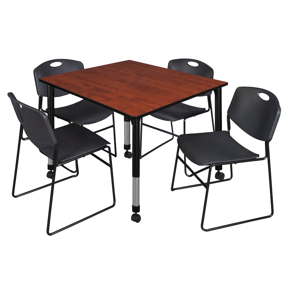 48 Square Mobile Adjustable Classroom Table- Cherry & 4 Zeng Stack Chairs- Black