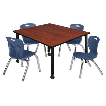 48 Square Mobile Classroom Table- Cherry & 4 Andy 12 Stack Chairs- Blue