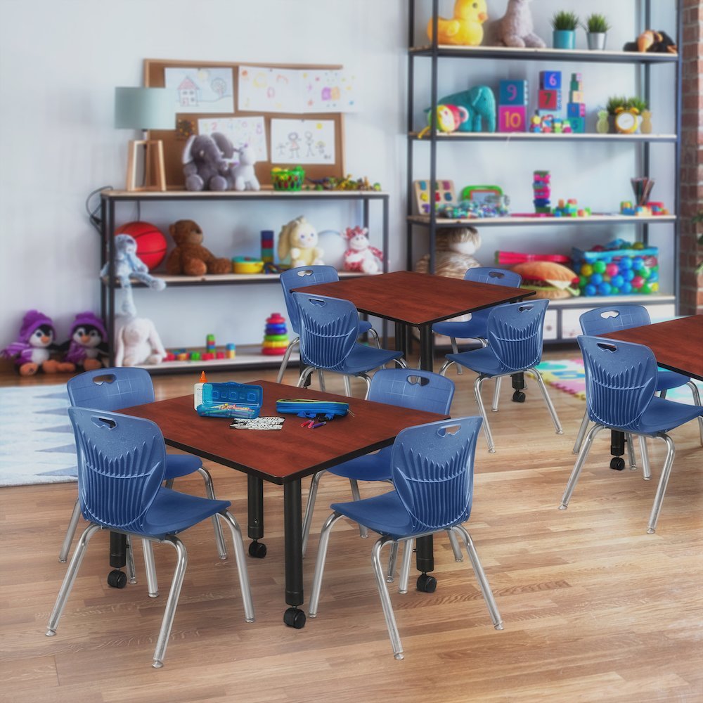 48 Square Mobile Classroom Table- Cherry & 4 Andy 12 Stack Chairs- Blue