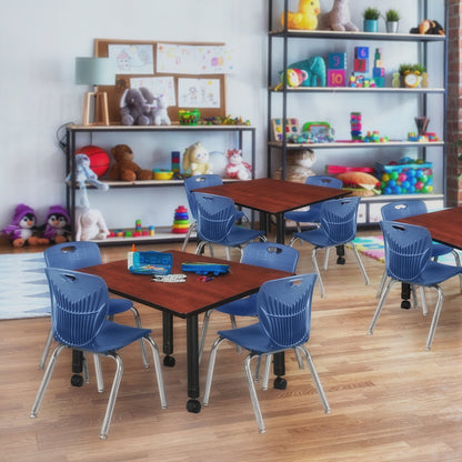 48 Square Mobile Classroom Table- Cherry & 4 Andy 12 Stack Chairs- Blue