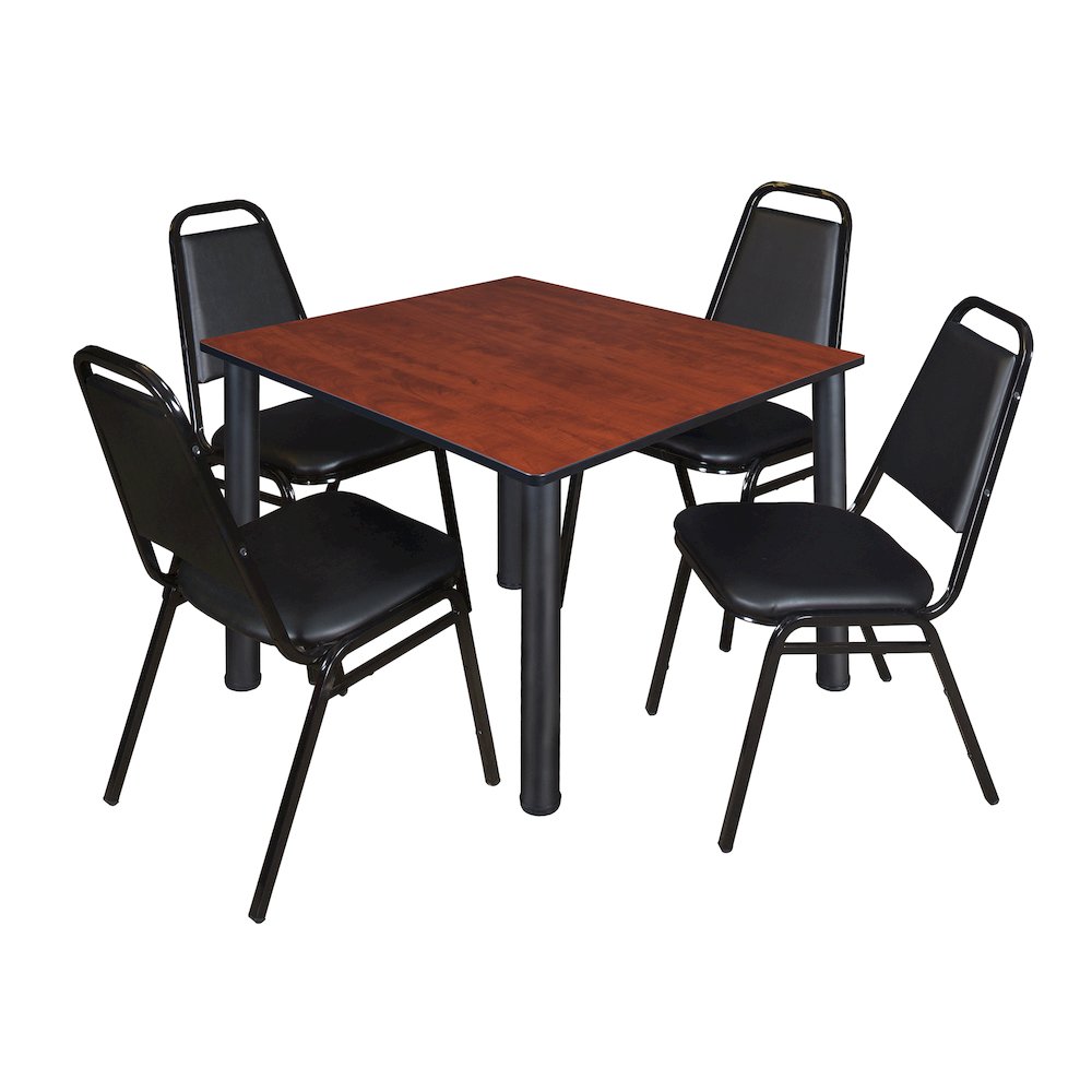 48 in Square Breakroom Table- Cherry Top, Black Legs, 4 Restaurant Stack Chairs
