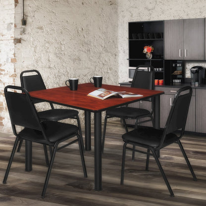48 in Square Breakroom Table- Cherry Top, Black Legs, 4 Restaurant Stack Chairs