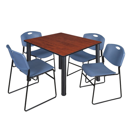 48 in Square Breakroom Table- Cherry Top, Black Legs, 4 Zeng Stack Chairs- Blue