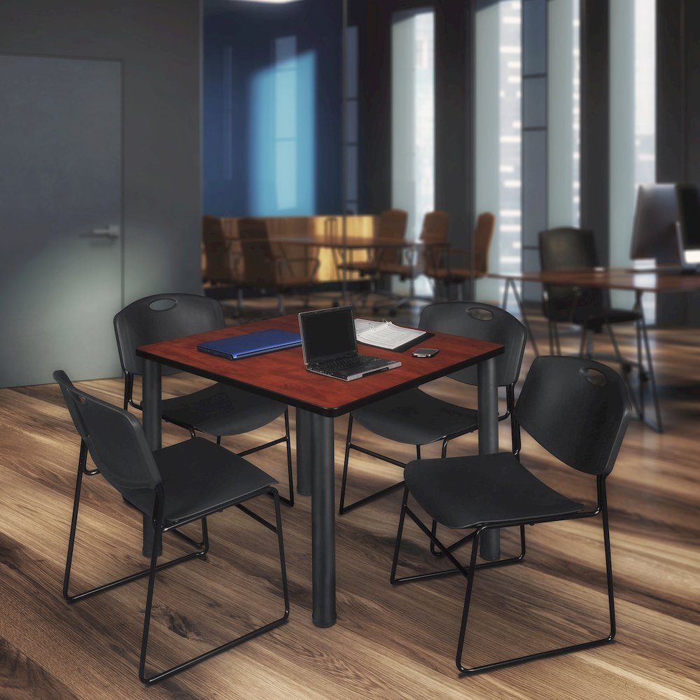 48 in Square Breakroom Table- Cherry Top, Black Legs, 4 Zeng Stack Chairs- Black