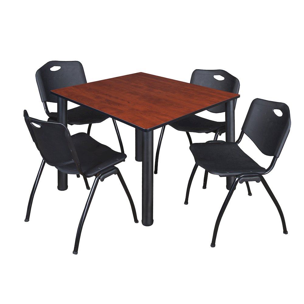 48 in Square Breakroom Table- Cherry Top, Black Legs, 4 M Stack Chairs- Black