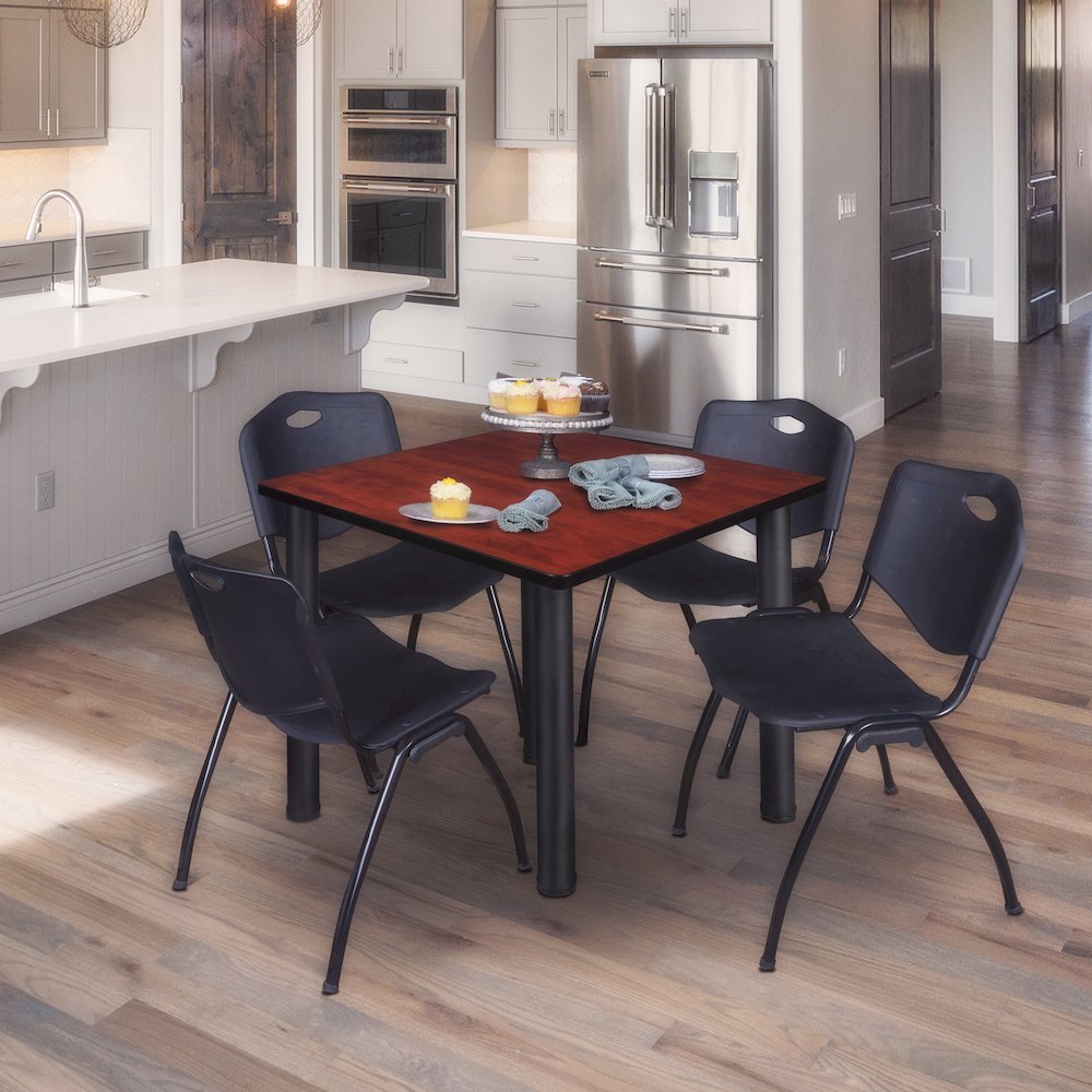 48 in Square Breakroom Table- Cherry Top, Black Legs, 4 M Stack Chairs- Black