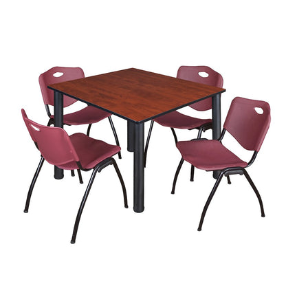 48 in Square Breakroom Table- Cherry Top, Black Legs, 4 M Stack Chairs- Burgundy