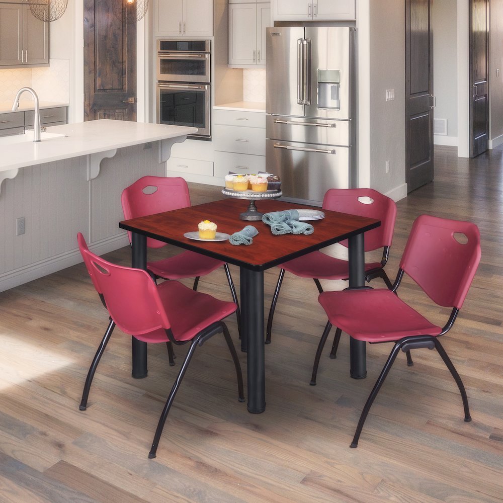 48 in Square Breakroom Table- Cherry Top, Black Legs, 4 M Stack Chairs- Burgundy