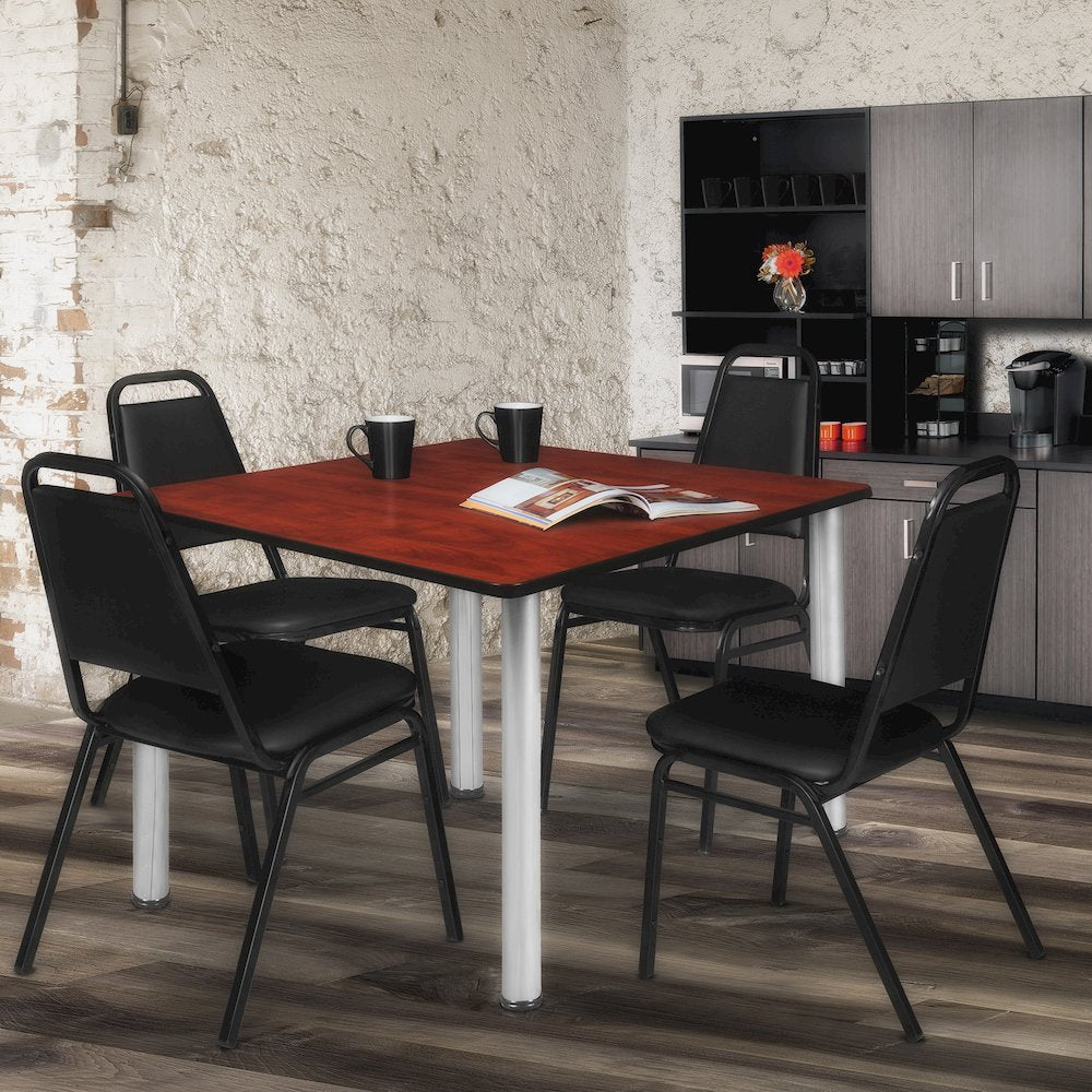 48 in Square Breakroom Table- Cherry Top, Chrome Legs, 4 Restaurant Stack Chairs