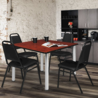 48 in Square Breakroom Table- Cherry Top, Chrome Legs, 4 Restaurant Stack Chairs