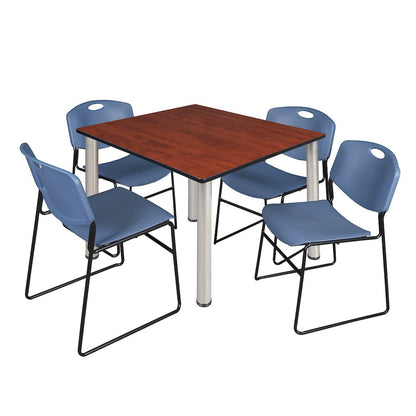 48 in Square Breakroom Table- Cherry Top, Chrome Legs, 4 Zeng Stack Chairs- Blue
