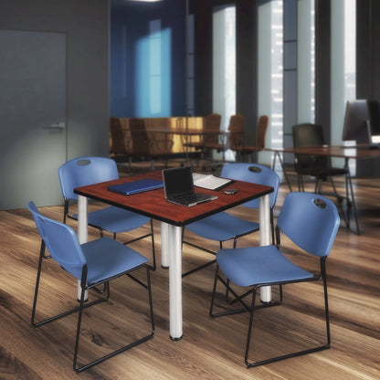 48 in Square Breakroom Table- Cherry Top, Chrome Legs, 4 Zeng Stack Chairs- Blue