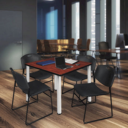 48 Square Breakroom Table- Cherry Top, Chrome Legs, 4 Zeng Stack Chairs- Black