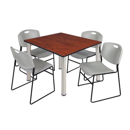 48 in Square Breakroom Table- Cherry Top, Chrome Legs, 4 Zeng Stack Chairs- Grey