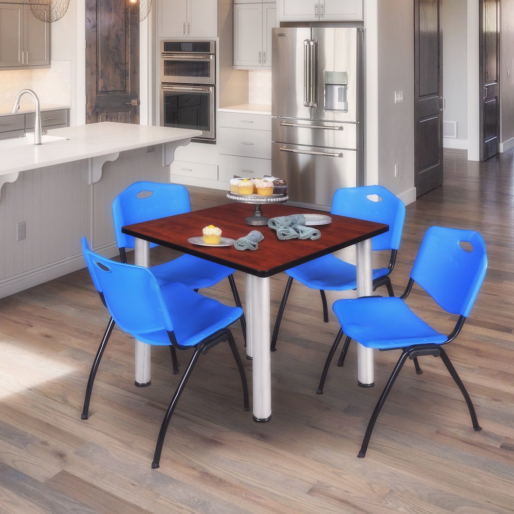 48 in Square Breakroom Table- Cherry Top, Chrome Legs, 4 M Stack Chairs- Blue